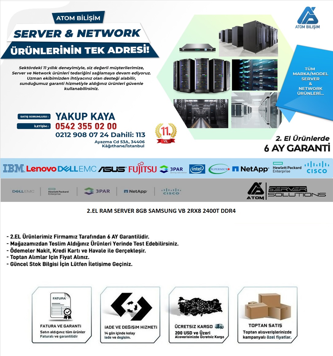 2.EL RAM SERVER 8GB SAMSUNG 2RX8 2400T DDR4 | Atom Bilişim